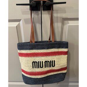 Miu Miu Navy and Beige Striped Tote
